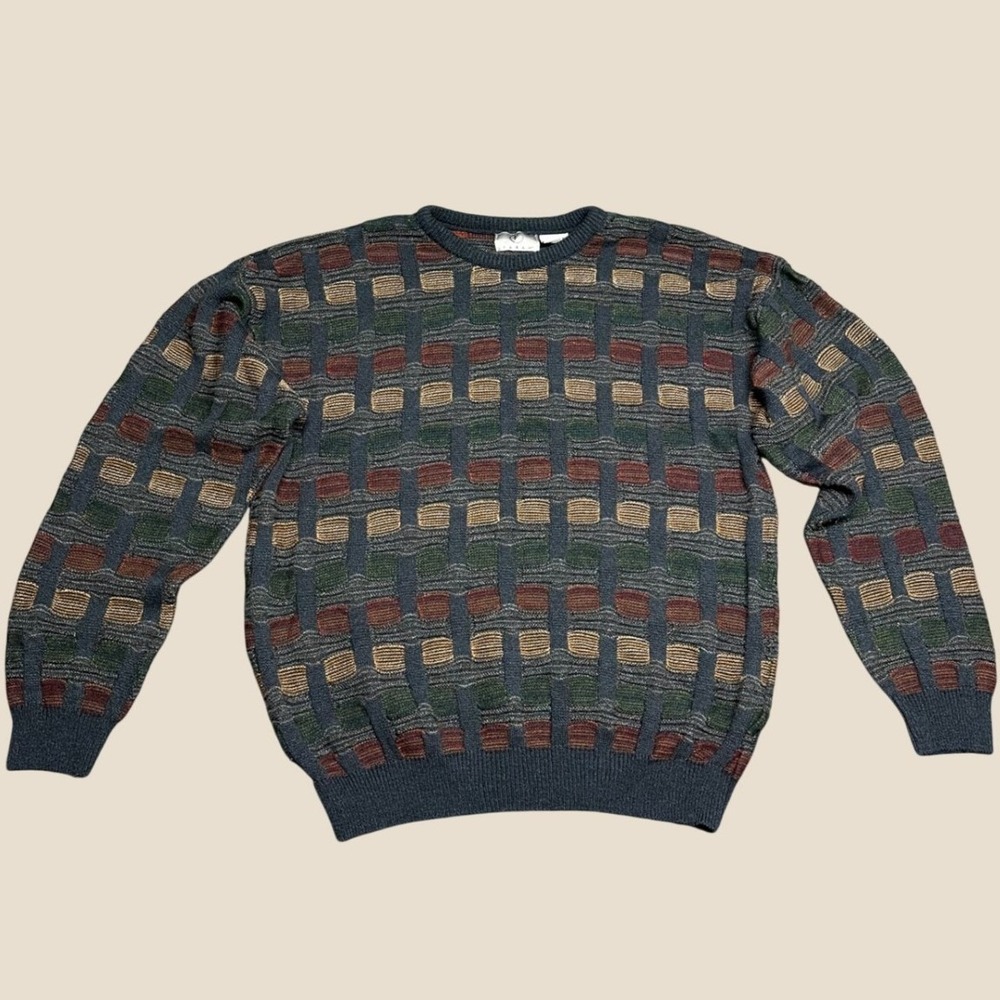 Vintage 3D Textured Sweater L Multi Coogi Style Retro 80s 90s Knit grandpa artsy